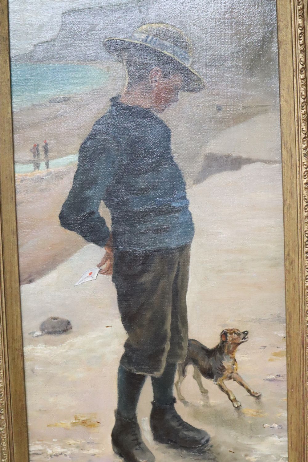 James Frederick Darley (1847-1932), oil on canvas, Boy and dog on the seashore, signed and dated 1886, 50 x 23cm